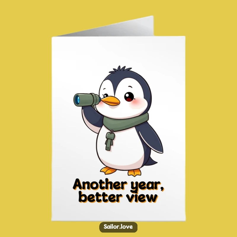 Free Printable Birthday Card: Determined Penguin Spyglass Funny Downloadable Gift