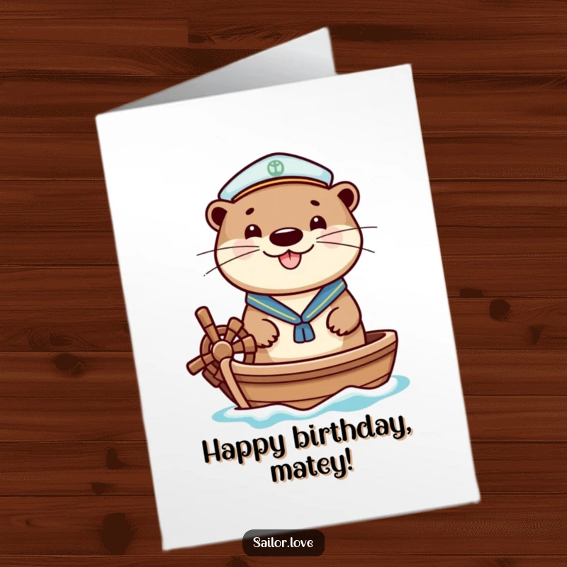 Funny Free Printable Birthday Card: A cheerful otter in a sailor hat happily steers a small boat, celebrating a birthday at sea.