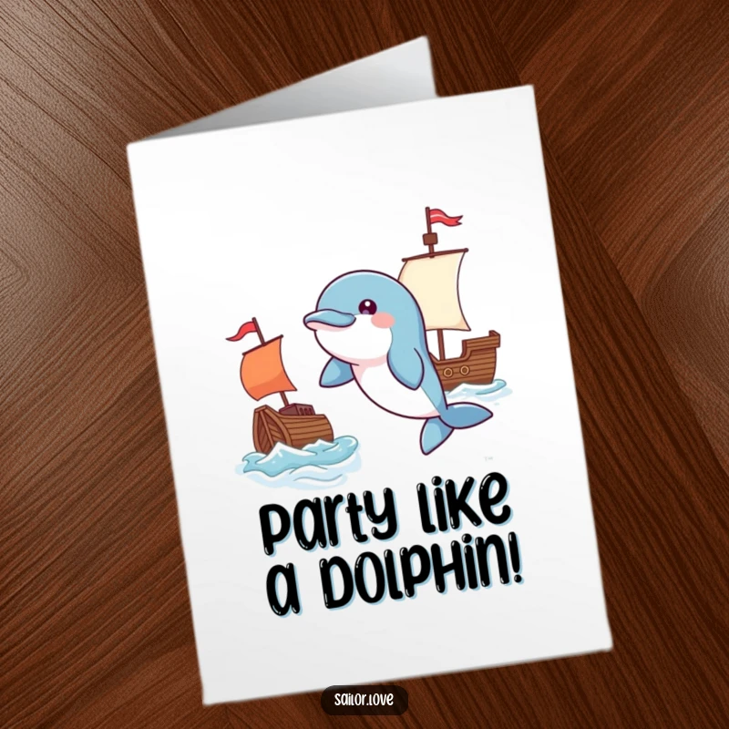 Funny Free Printable Birthday Card: A playful dolphin leaps near a waving flag by a tiny ship, celebrating a birthday with aquatic flair.