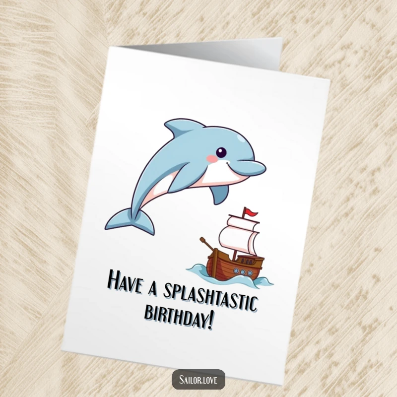 Funny Free Printable birthday card with a smiling dolphin leaping joyfully near a tiny ship.