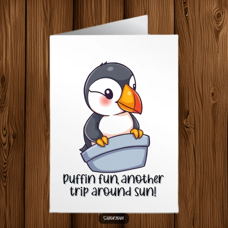 Funny Free Printable Birthday Card: Curious puffin peeking over the edge of a boat, adorable and humorous greeting.