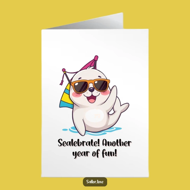 Free Printable Birthday Card: Joyful Seal Adjusting Sail - Funny Downloadable Humor