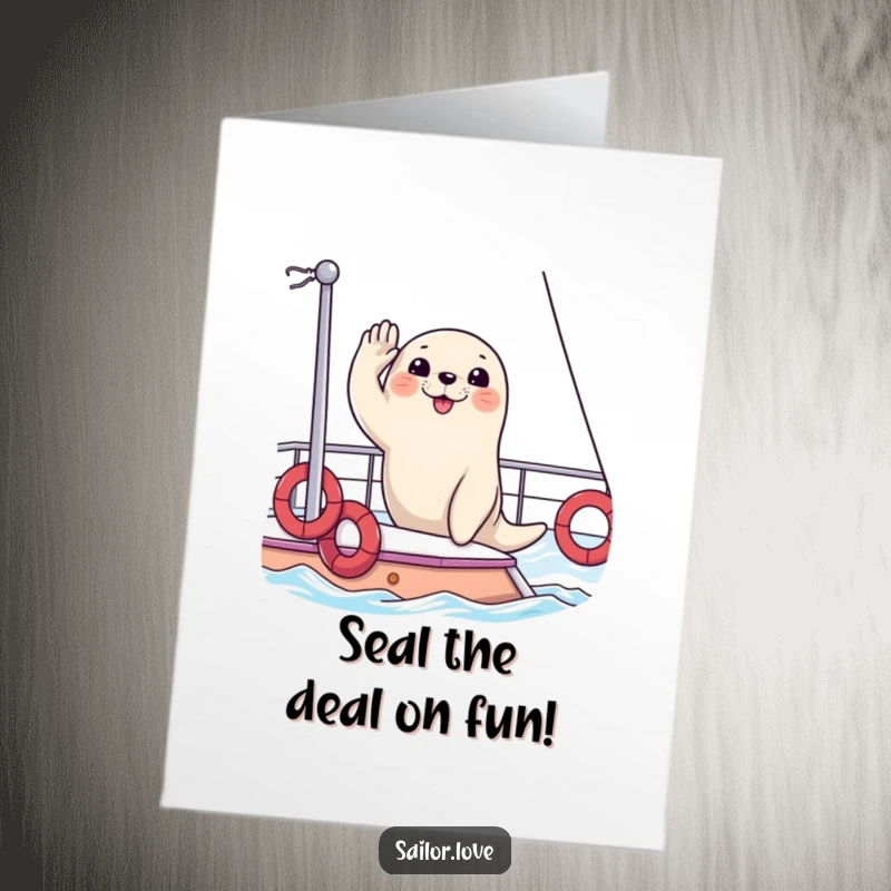 Funny Free Printable Birthday Card: A happy seal stands proudly on a yacht deck, giving a smart salute.