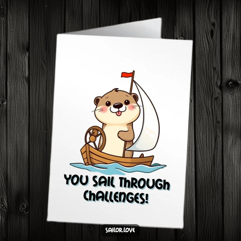 Funny Free Printable Congratulations Card: A cheerful otter happily navigates a small sailboat, celebrating a successful voyage.