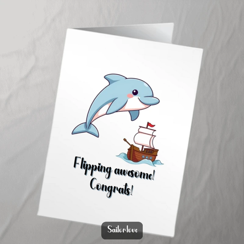 Funny Free Printable congratulations card featuring a smiling dolphin leaping triumphantly near a tiny ship.