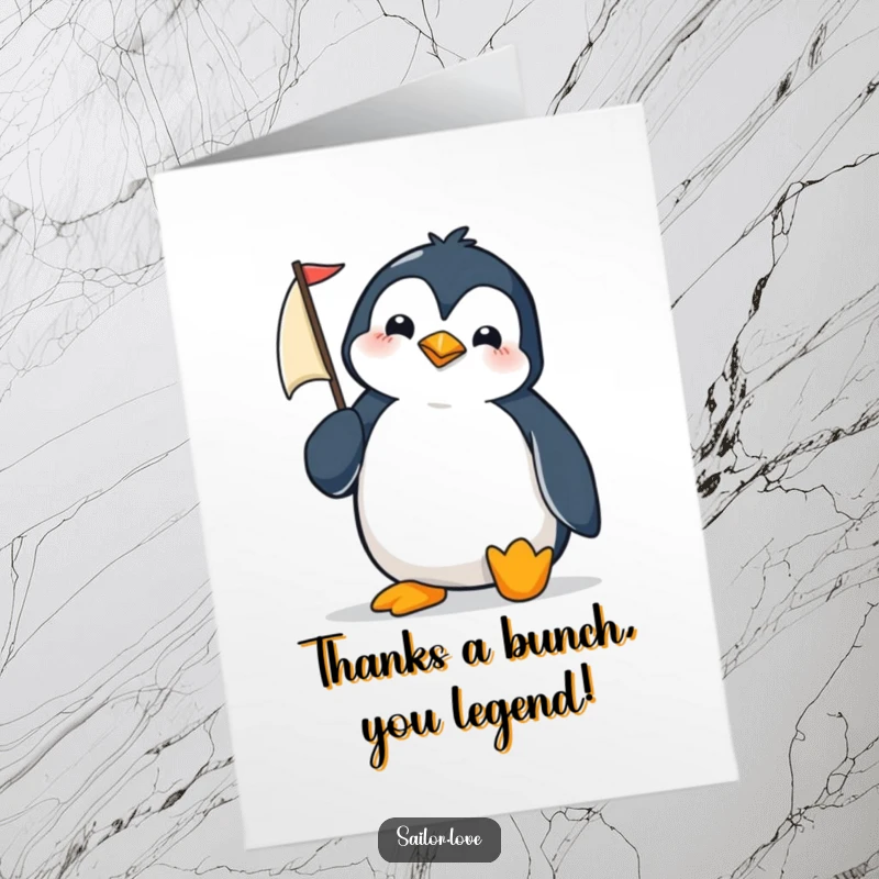 Funny Free Printable thank you card with a determined penguin navigating a tiny sailboat, expressing heartfelt thanks.