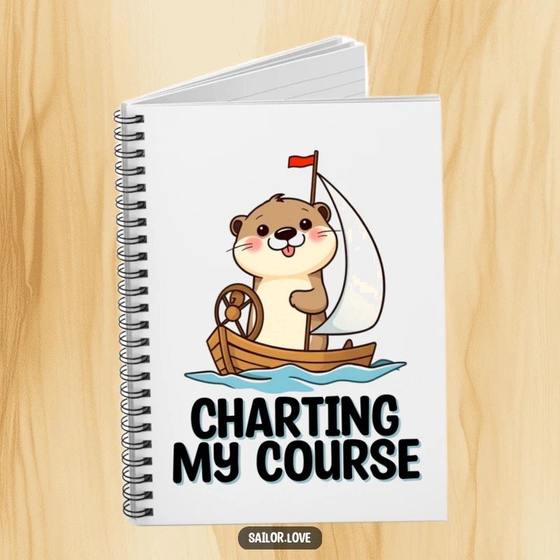 Funny notebook with a cheerful otter happily steering a small sailboat, suitable for jotting down notes with a nautical flair.