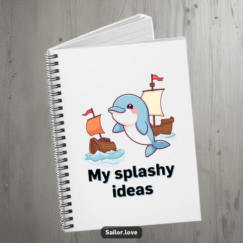 Funny notebook with a playful dolphin leaping near a waving flag and a tiny ship, perfect for journaling adventures and creative thoughts.