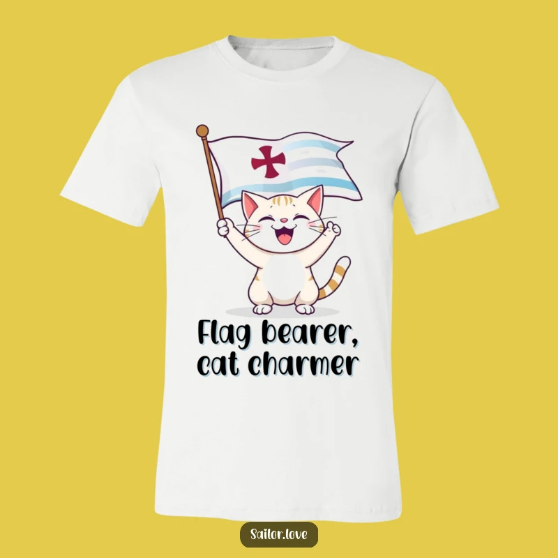 Funny Cat Captain T-Shirt: Joyful Flag Unfurling Tee, Hilarious Pet Gift