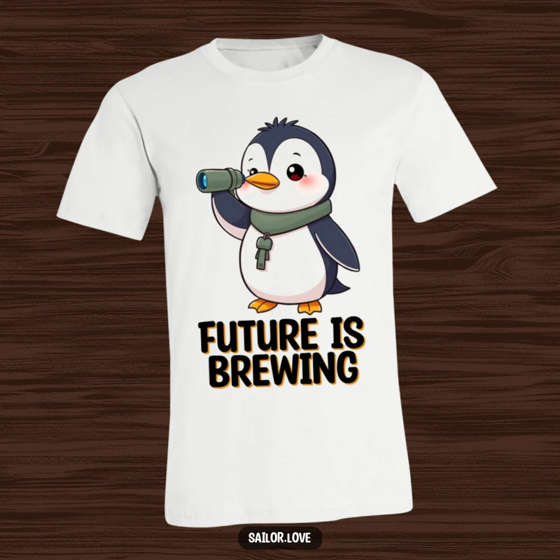 Funny t-shirt depicting a determined penguin holding a spyglass, looking towards the horizon, symbolizing focus and the pursuit of adventure.