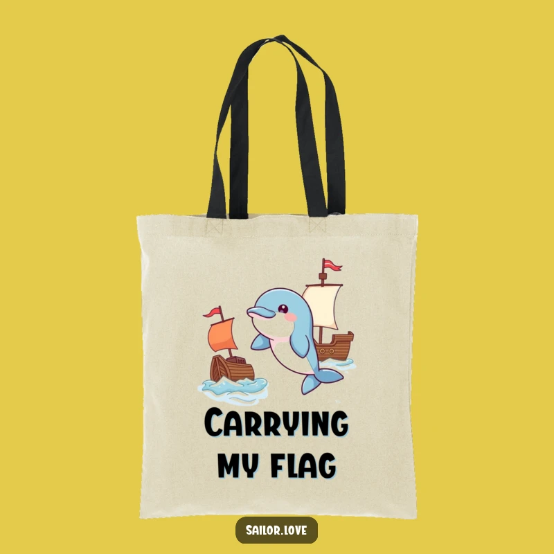 Funny Playful Dolphin Tote Bag - Flag & Ship Design, Perfect Gift!