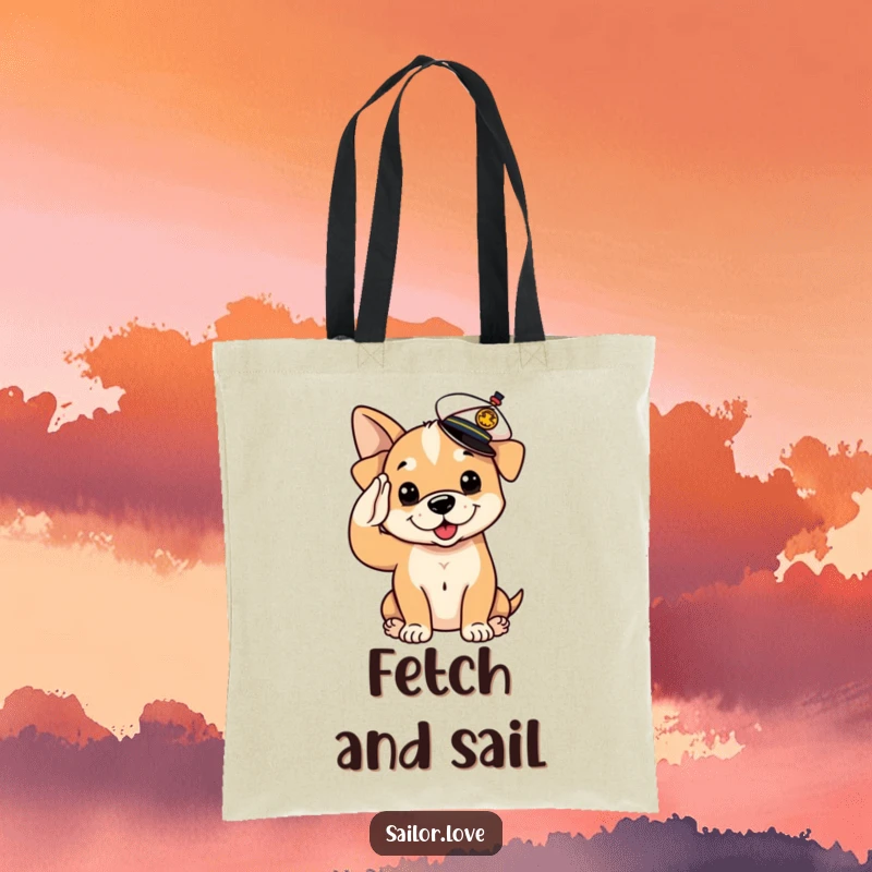 Funny Tote Bag: A cute puppy dog wearing a sailor hat salutes, ready to carry your essentials with charm.